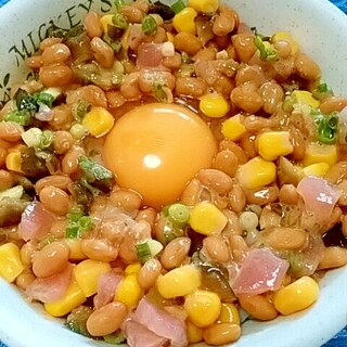 納豆の食べ方-生玉子＆コーン漬物♪